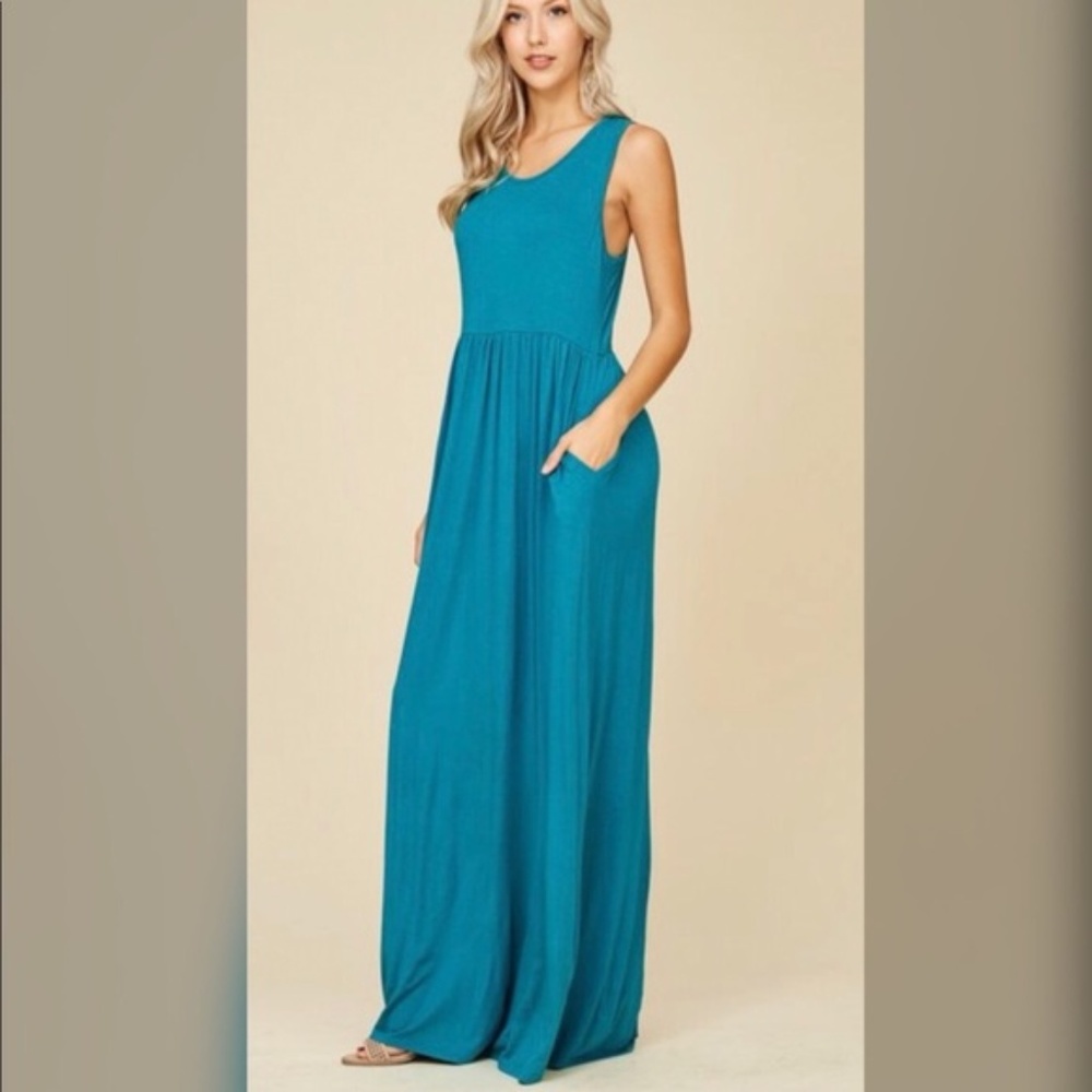 Racer Back Pleated Loose Solid Long Dress